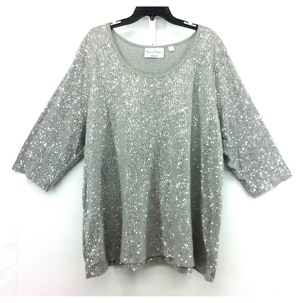 Avenue Modern Metallics Blouse Women Size 30/32 Silver Sequin 3/4 Sleeve Top